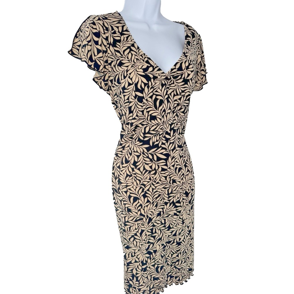 New York & Company Y2K Leaf Print Ruffle Cap split Sleeve Dress lettuce hem 90s